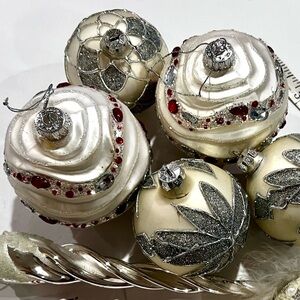 Huge Silver and White Holiday Glass Ornaments